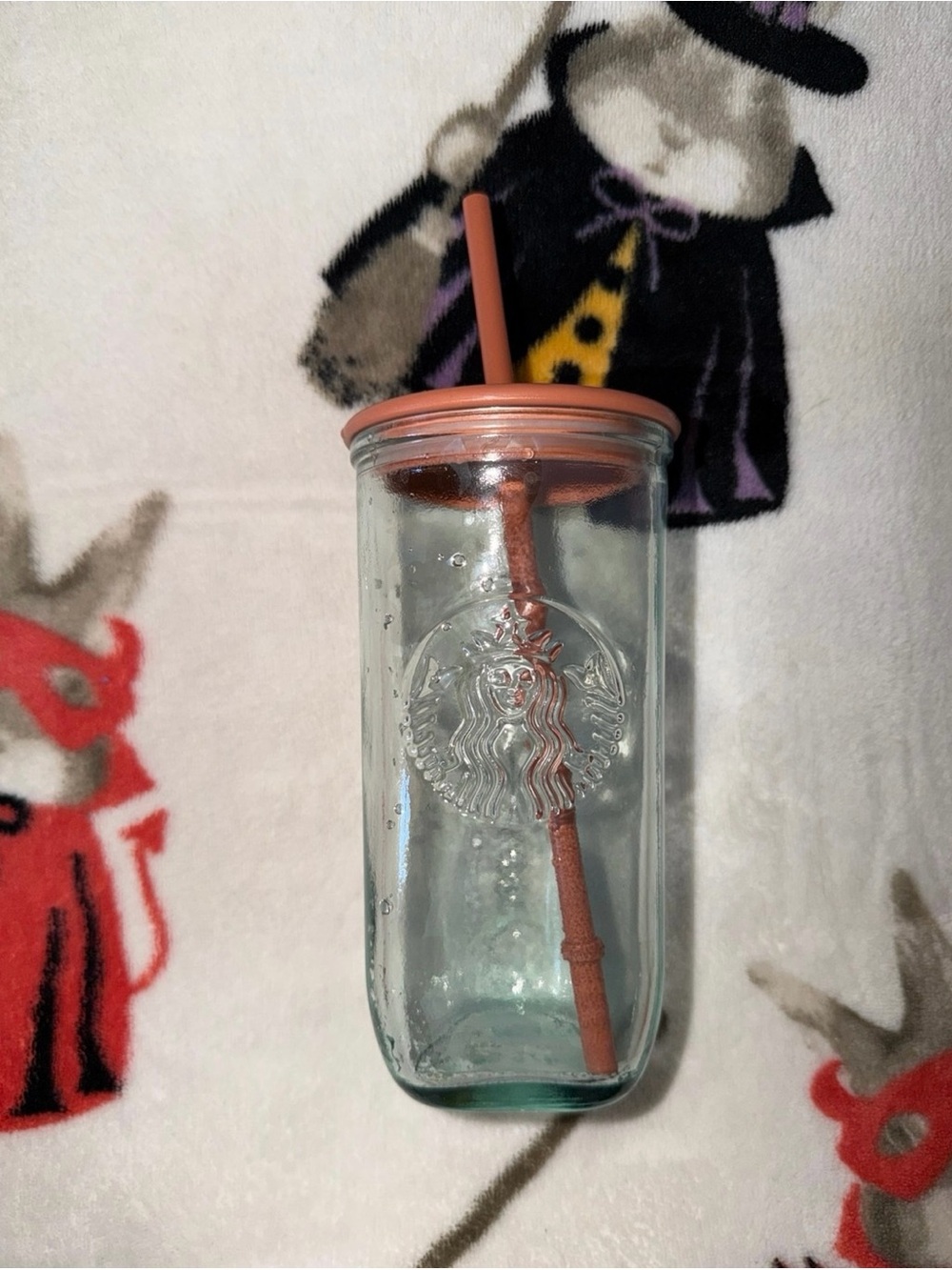 Starbucks Clear Glass Tumbler with Coral Lid and Straw